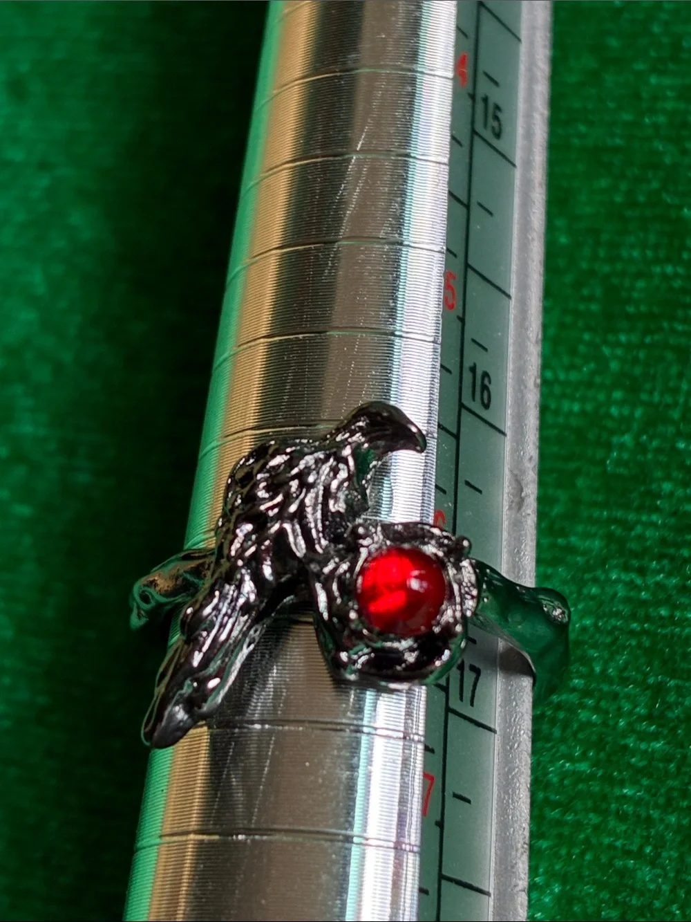 Gothic black raven crow red stone ring open adjustable band Edgar Allan Poe OS